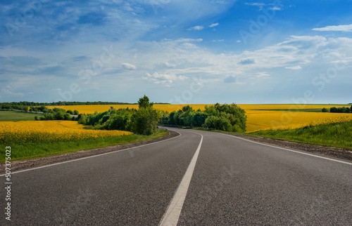Road on summer day in countryside,yellow rapeseed fields with blue sky