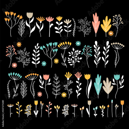 Big set of hand drawn flowers. Floral collection. Cute sketch for bouquet. Doodle style