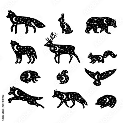 Celestial forest animals. Hand drawn silhouettes. Wild woodland animals. Stars, moon, universe