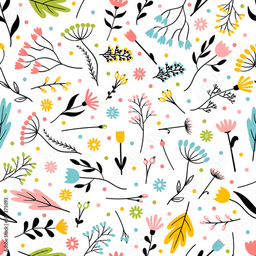 Seamless pattern with hand drawn flowers. Trendy texture for textile, print, wrapping, fabric, wallpaper. Floral background