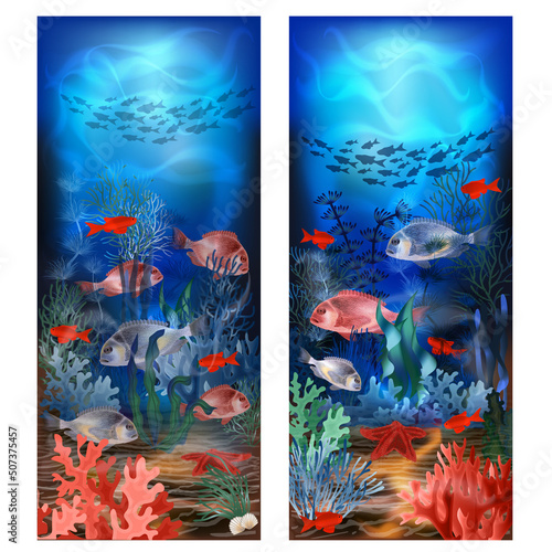 Underwater banners with coral reef and tropical fish. vector illustration