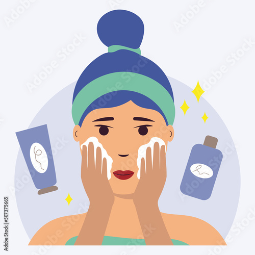 Girl Moistens Her Face. Woman With Foam Does Her Skin Care Routine Vector Illustration In Flat Style