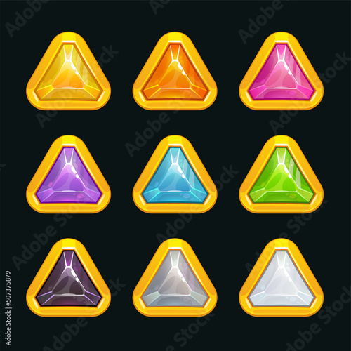 Multicolored shiny crystal assets for game design.