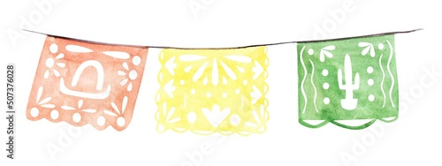 Papel Picado is isolated on a white background. Watercolor Mexican garland for the Day of the dead. Hand-painted Cinco de Mayo banner. Fiesta decoration clipart. Holiday illustration.