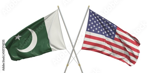 Flags of the USA and Pakistan on white background. 3D rendering