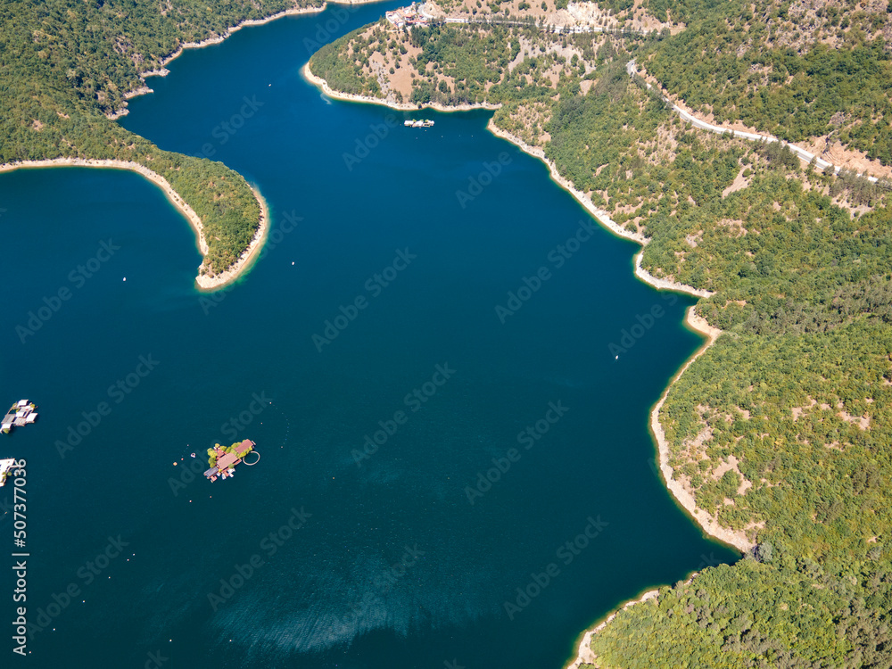 Obraz premium Aerial view of Vacha (Antonivanovtsi) Reservoir, Bulgaria