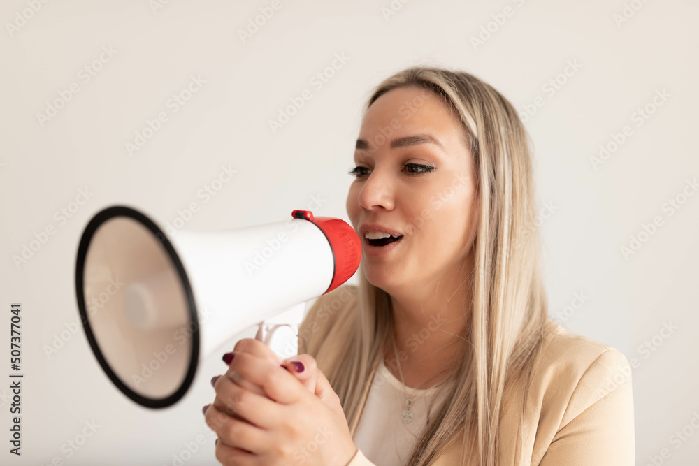 Woman with megaphone. Business woman with loudspeaker. Digital marketing concept Woman with megaphone. Business woman with loudspeaker. Digital marketing concept