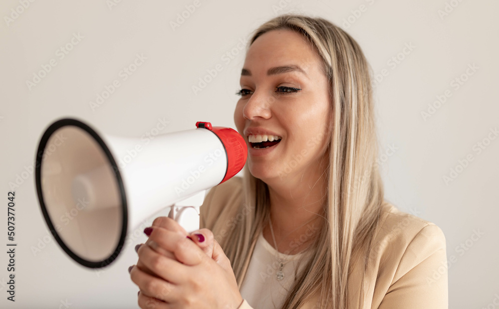 Woman with megaphone. Business woman with loudspeaker. Digital marketing concept Woman with megaphone. Business woman with loudspeaker. Digital marketing concept