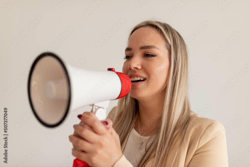 Woman with megaphone. Business woman with loudspeaker. Digital marketing concept Woman with megaphone. Business woman with loudspeaker. Digital marketing concept