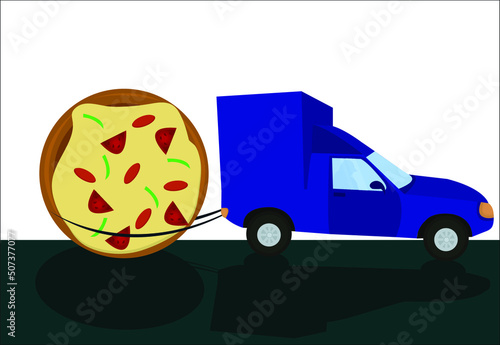 A blue automobile transporting a round big pizza. This illustration can be used as a logotype for pizza companies and pizzerias. Vector illustration, isolated.