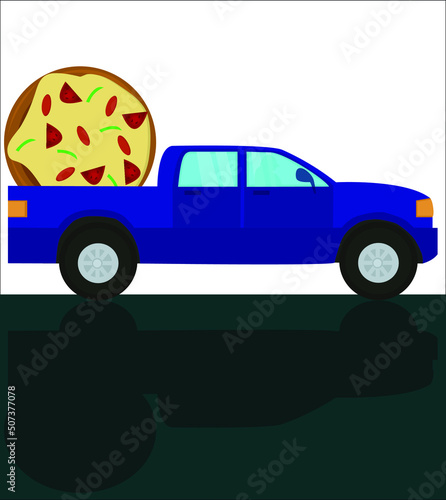 A blue car driving on a road and transporting a tasty hot pizza to a client. This illustration can be used as a logotype for pizza making companies and pizzerias. Vector illustration, isolated.