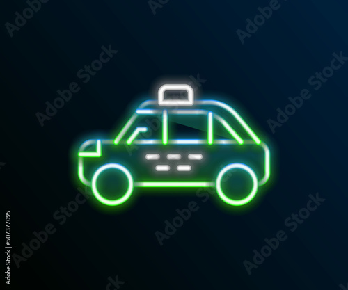 Glowing neon line Taxi car icon isolated on black background. Colorful outline concept. Vector