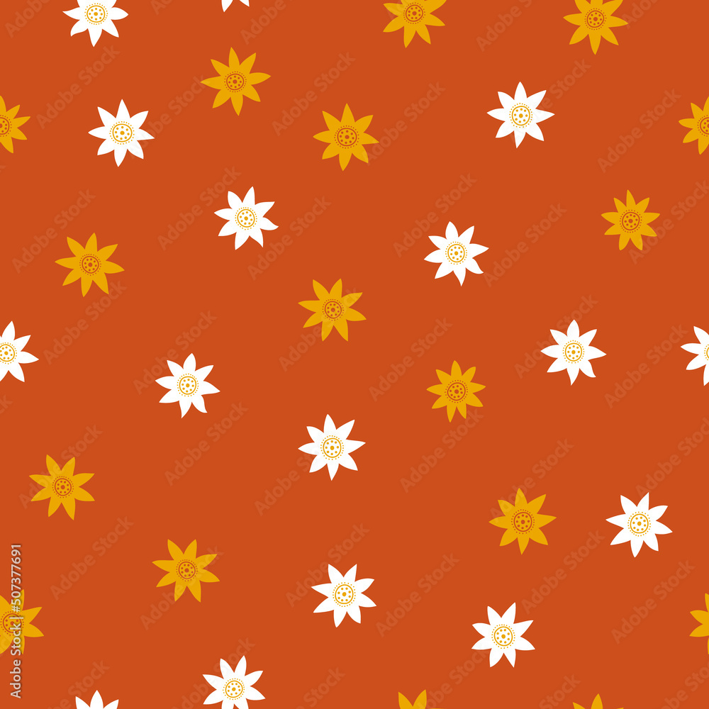 Abstract retro floral seamless pattern on red background. Colorful vector illustration. Groovy geometric flowers, hippie style. 60s, 70s Abstract retro floral seamless pattern on red background. Colorful vector illustration. Groovy geometric flowers, hippie style. 60s, 70s