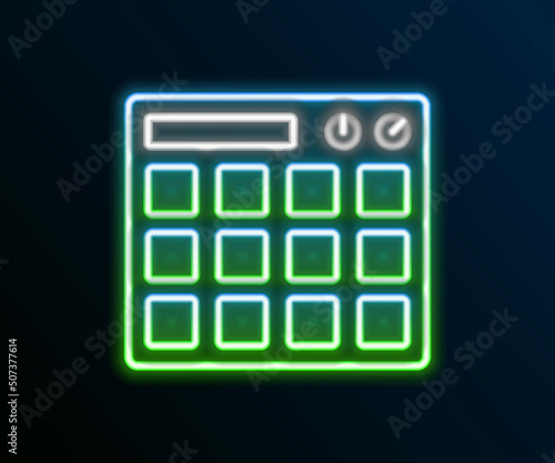Glowing neon line Drum machine music producer equipment icon isolated on black background. Colorful outline concept. Vector