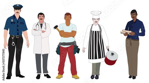 Cartoon group of people with different jobs policeman doctor lumper chef teacher community concept labor father brother son male symbol expert specialist men vector drawing character illustration 