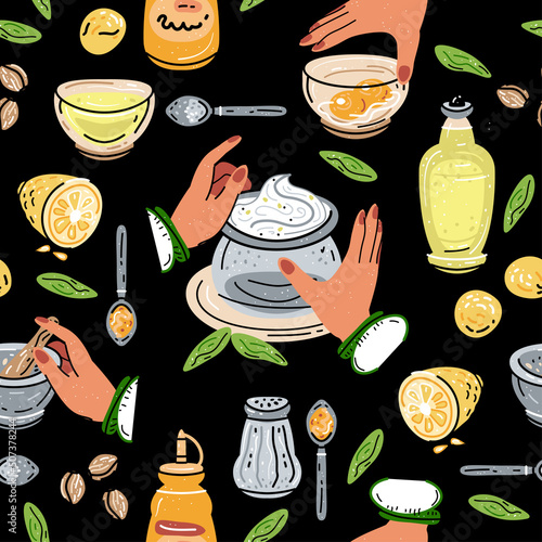Colored seamless pattern of food and drink. For the menu of restaurants, cafes, and canteens. Fresh food. Harvest. Sauces, mayonnaise, mustard.