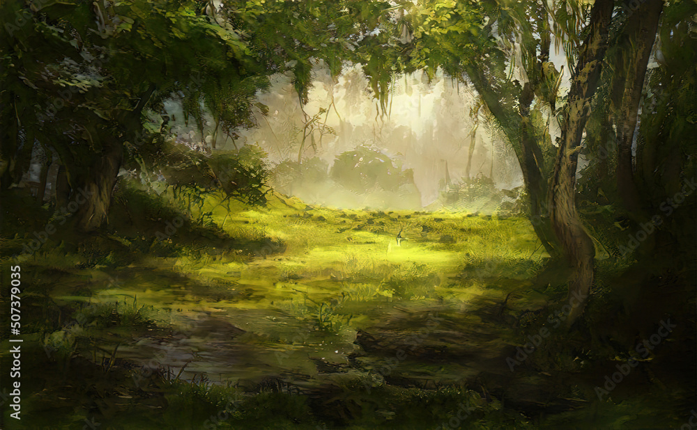 Abstract digital illustration; beautiful naturalistic landscape with oil brush strokes.