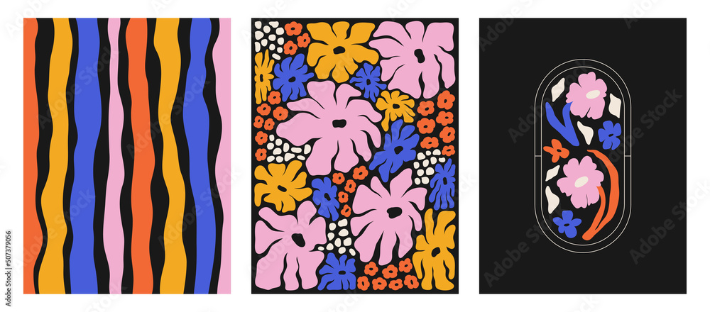 A collection of modern floral and striped shapes, a set of abstract patterns. Trendy vintage design for paper, poster, cover, fabric, interior decor and other users.