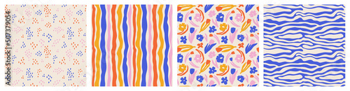 Abstract collage contemporary floral and distorted shapes seamless pattern set. Colorful cute vintage design for paper, cover, fabric, interior decor and other users.