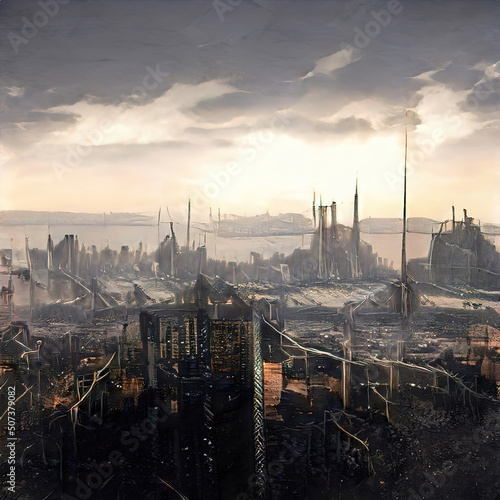 Abstract digital illustration; dark futuristic landscape, post apocalyptic scene.