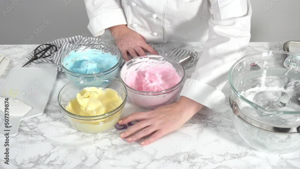 Step by step. Mixing food coloring into the meringue to bake unicorn meringue cookies. Step by step. Mixing food coloring into the meringue to bake unicorn meringue cookies.
