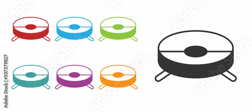 Black Robot vacuum cleaner icon isolated on white background. Home smart appliance for automatic vacuuming, digital device for house cleaning. Set icons colorful. Vector