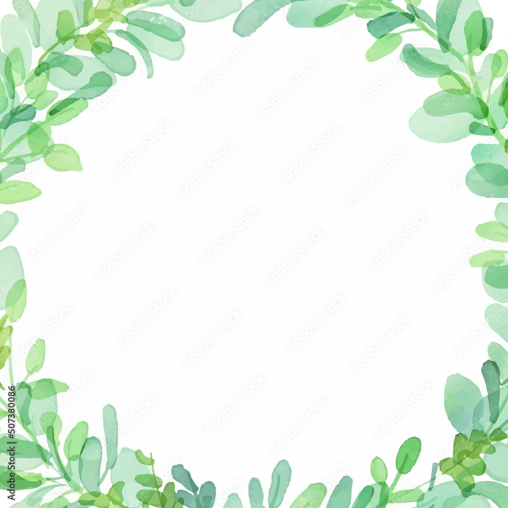 水彩画。緑の葉っぱのベクターリースフレーム。水彩タッチのナチュラル植物フレーム。Watercolor painting. Vector wreath frame with green leaves. Natural plant frame with watercolor touch.