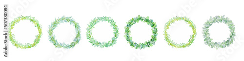 水彩画。緑の葉っぱのベクターリースフレーム。水彩タッチのナチュラル植物フレーム。Watercolor painting. Vector wreath frame with green leaves. Natural plant frame with watercolor touch.