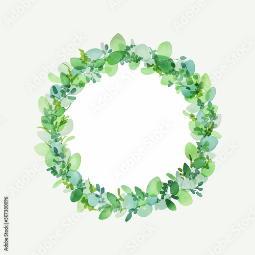 水彩画。緑の葉っぱのベクターリースフレーム。水彩タッチのナチュラル植物フレーム。Watercolor painting. Vector wreath frame with green leaves. Natural plant frame with watercolor touch.