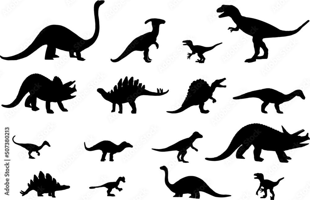 Set of dinosaur silhouettes. Group of black dinosaur silhouettes isolated on white. Side view, profile. Vector.