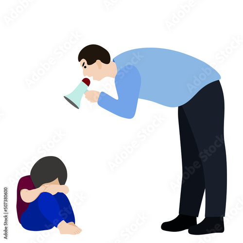 A man with a shout bent over a child, the child sits with his head buried in his knees, vector isolated on a white background, child abuse