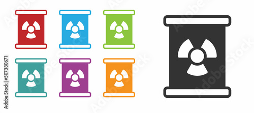 Black Radioactive waste in barrel icon isolated on white background. Toxic refuse keg. Radioactive garbage emissions, environmental pollution. Set icons colorful. Vector