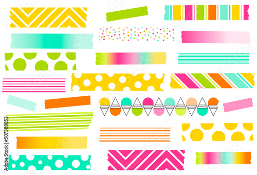 Collection of summer washi tape strips. Masking or adhesive tape strips, stickers or labels. EPS files has global colors for easy color changes and semitransparent tape strips. 