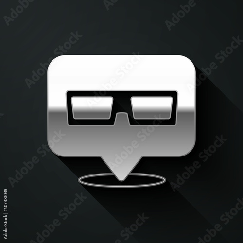 Silver 3D cinema glasses icon isolated on black background. Long shadow style. Vector