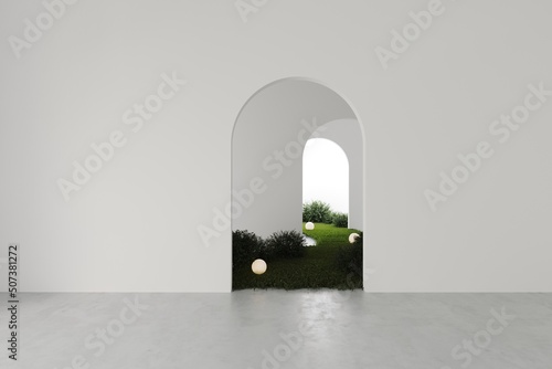 Empty white room with arched door and grass trail in the room, round included lamps, wall design and concrete floor, abstract minimalist space or gallery. 3d render  photo