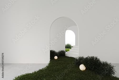 Empty white room with arched door,stairs and green grass lawn in the room, wall design and concrete floor, abstract minimalist space or gallery. 3d render 