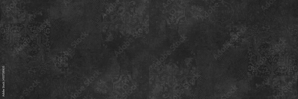 Old black gray grey vintage worn geometric shabby mosaic ornate patchwork motif porcelain stoneware tiles stone concrete cement wall texture background banner panorama - obrazy, fototapety, plakaty 