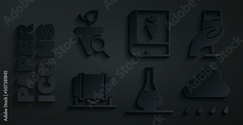 Set Decanter for wine, Wine tasting, degustation, Wooden barrel, Cloud with rain, Book about grapes and Grapes icon. Vector