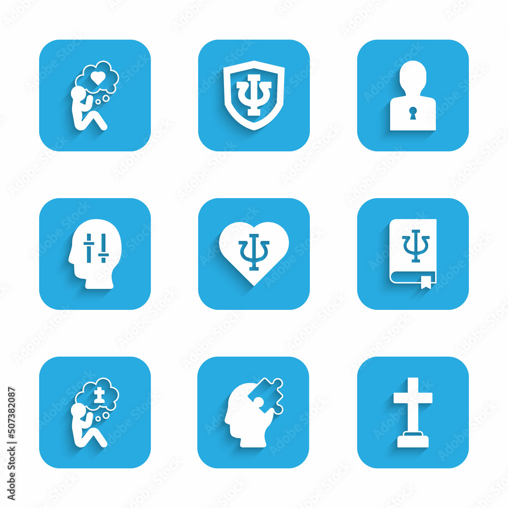Set Psychology, Psi, Solution to the problem, Graves funeral sorrow, book,, Man graves, and Head with heart icon. Vector Set Psychology, Psi, Solution to the problem, Graves funeral sorrow, book,, Man graves, and Head with heart icon. Vector