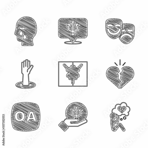 Set Rorschach test, Psychology, Psi, Broken heart divorce, Question and Answer, Helping hand, Comedy tragedy masks and Man graves funeral sorrow icon. Vector