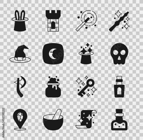 Set Bottle with potion, Skull, Magic wand, Moon stars, Witch hat, Magician rabbit ears and icon. Vector