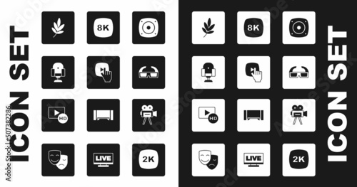 Set Stereo speaker, Online play video, Director movie chair, Movie trophy, 3D cinema glasses, 8k Ultra HD, Retro camera and Hd movie, tape, frame icon. Vector