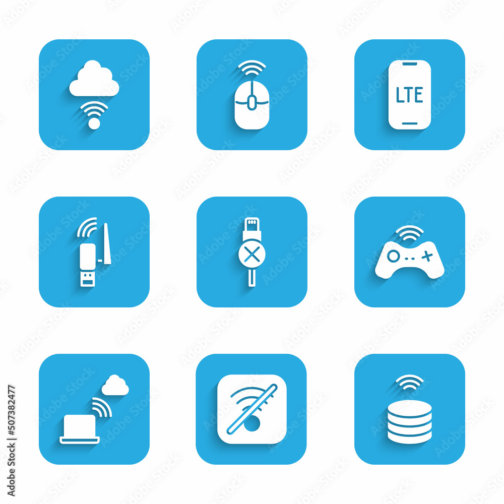 Set No usb cable cord, Wi-Fi wireless internet, Smart data server, Wireless gamepad, Network cloud connection, Usb adapter, LTE network and icon. Vector Set No usb cable cord, Wi-Fi wireless internet, Smart data server, Wireless gamepad, Network cloud connection, Usb adapter, LTE network and icon. Vector