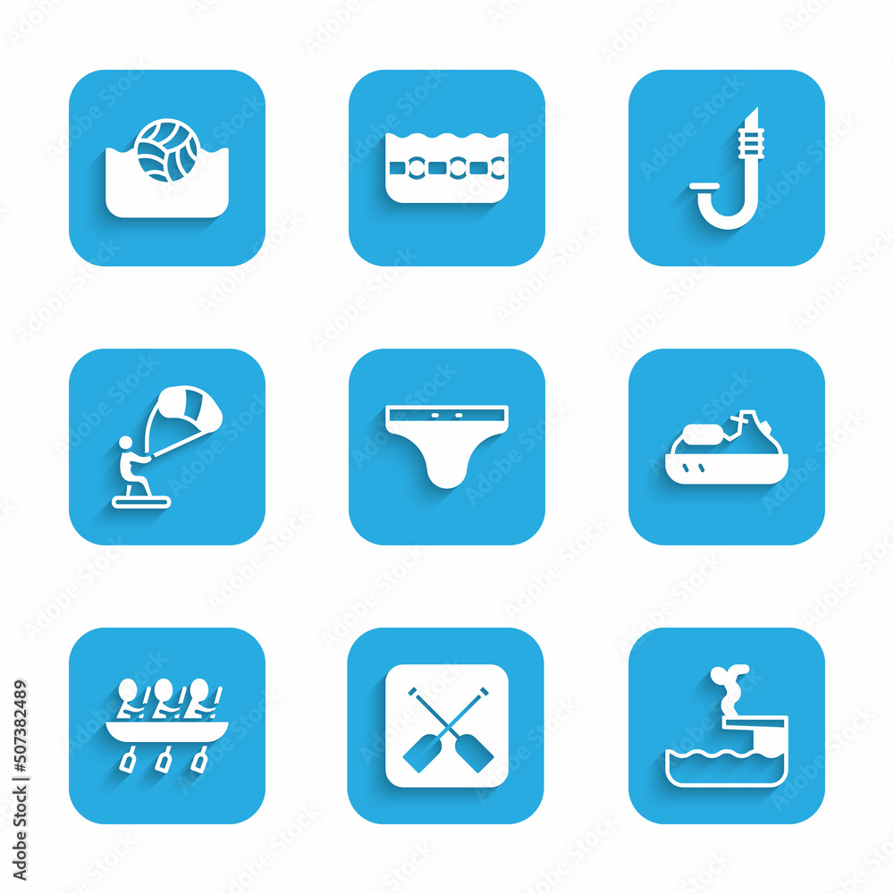 Set Swimming trunks, Paddle, Swimmer diving into pool, Jet ski, Canoe rowing team sports, Kitesurfing, Snorkel and Water polo icon. Vector Set Swimming trunks, Paddle, Swimmer diving into pool, Jet ski, Canoe rowing team sports, Kitesurfing, Snorkel and Water polo icon. Vector