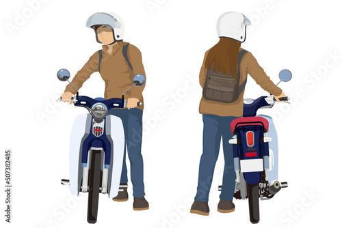 原付バイクを押して歩く女性　前後セット