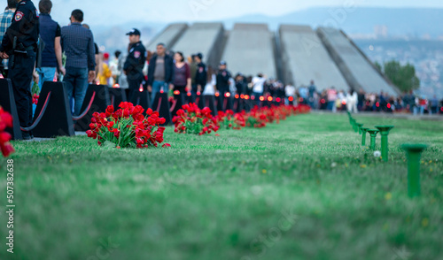 flowers in Tsitsernakaberd to the Armenian Genocide memorial