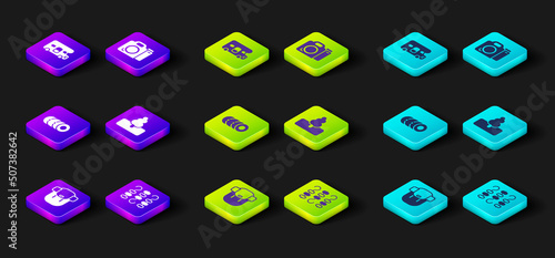 Set Hiking backpack, Grilled shish kebab on skewer, Blanket roll, Tree, Photo camera and RV motorhome vehicle icon. Vector