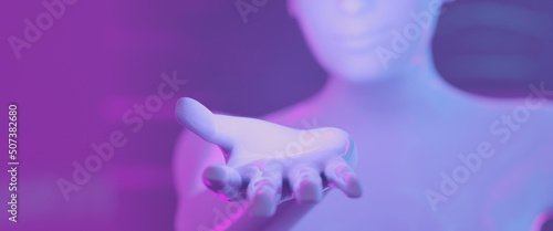 3d Avatar woman - cyborg hand close up - inviting, offering and introducing - copy space on a purple and blue background. High blurred depth of field 