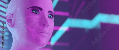 3d Avatar woman - face close up of virtual reality android looking forward to the future on a purple and blue background. © dampoint