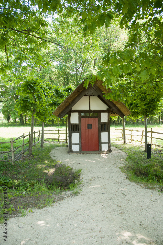 small village house among the green meadow, retro style, village life, rural